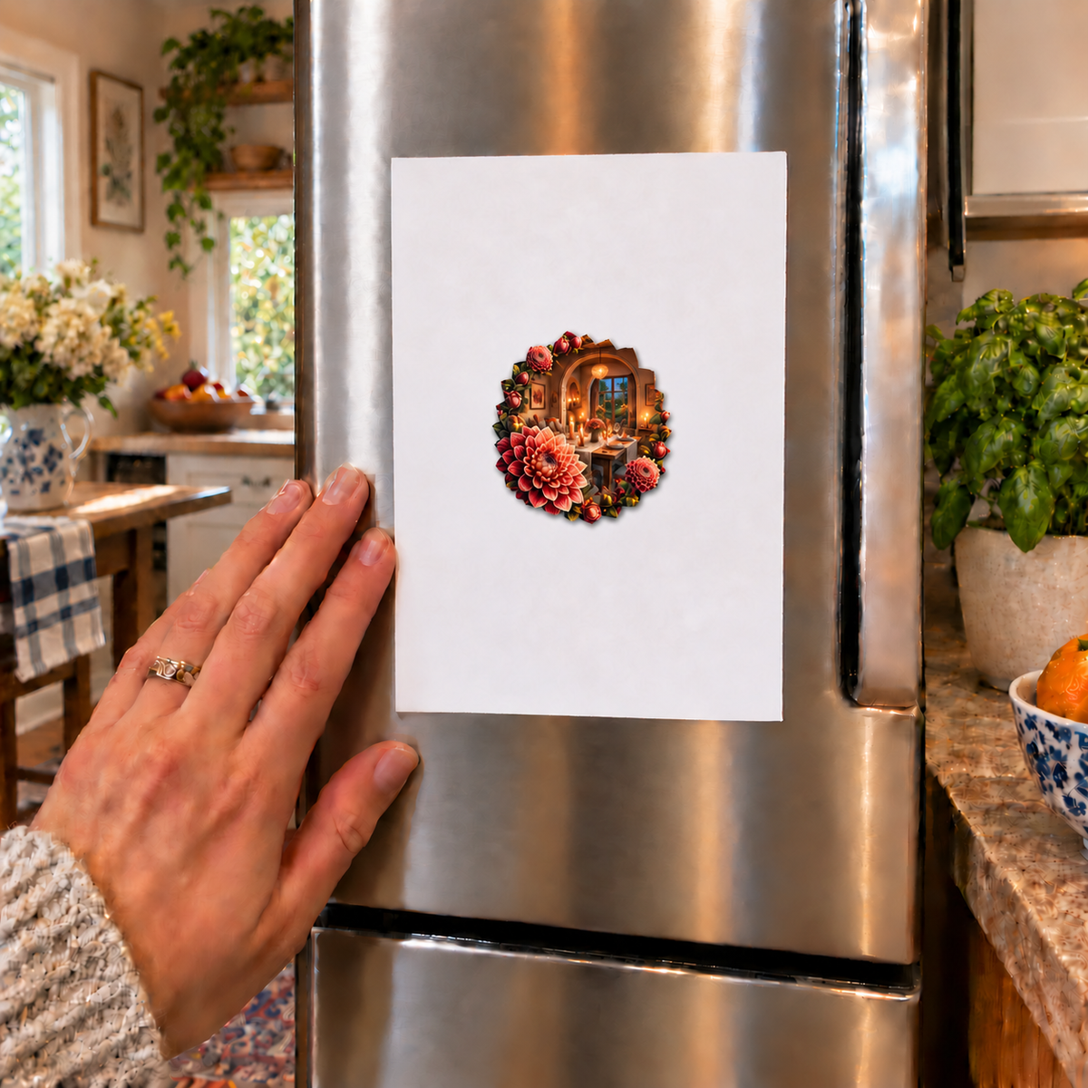 Dahlia Host Glow Acrylic Refrigerator Magnet with printed optical 3D artwork in its use setting