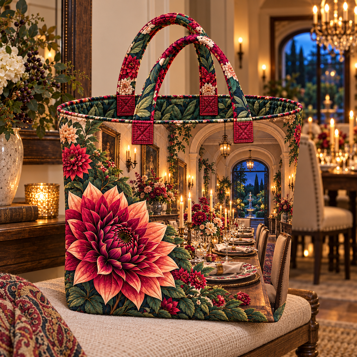 Dahlia Host Glow Quilted Tote Bag with printed optical 3D artwork in its use setting