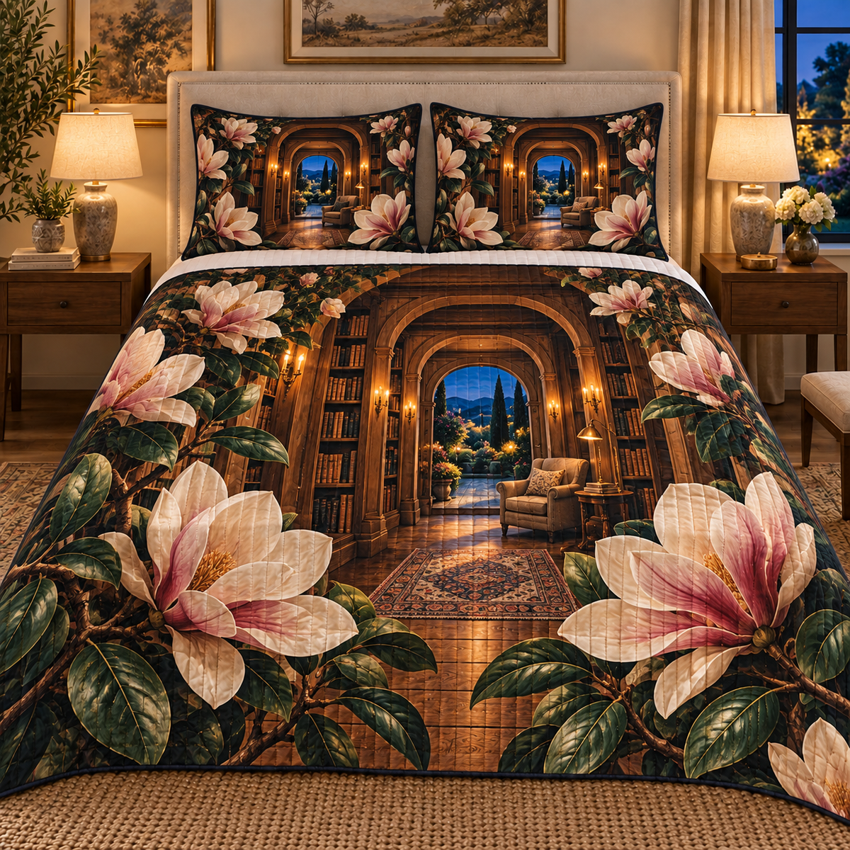 Magnolia Reading Alcove Quilted Bedding Set with printed optical 3D artwork in its use setting