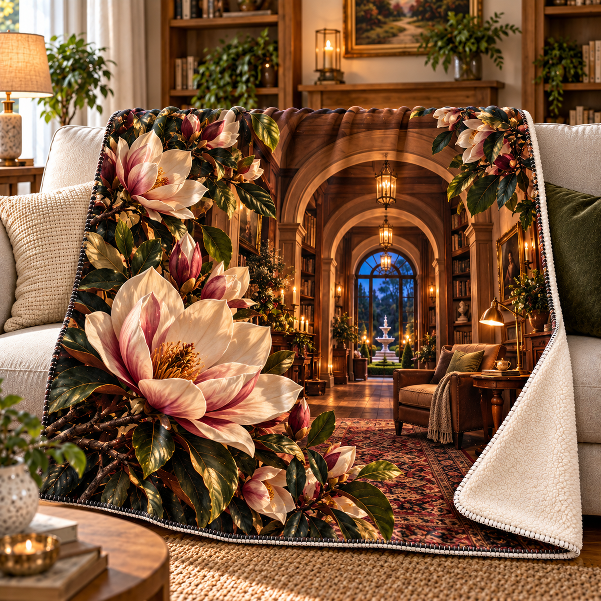 Magnolia Reading Alcove Sherpa & Fleece Blanket with printed optical 3D artwork in its use setting