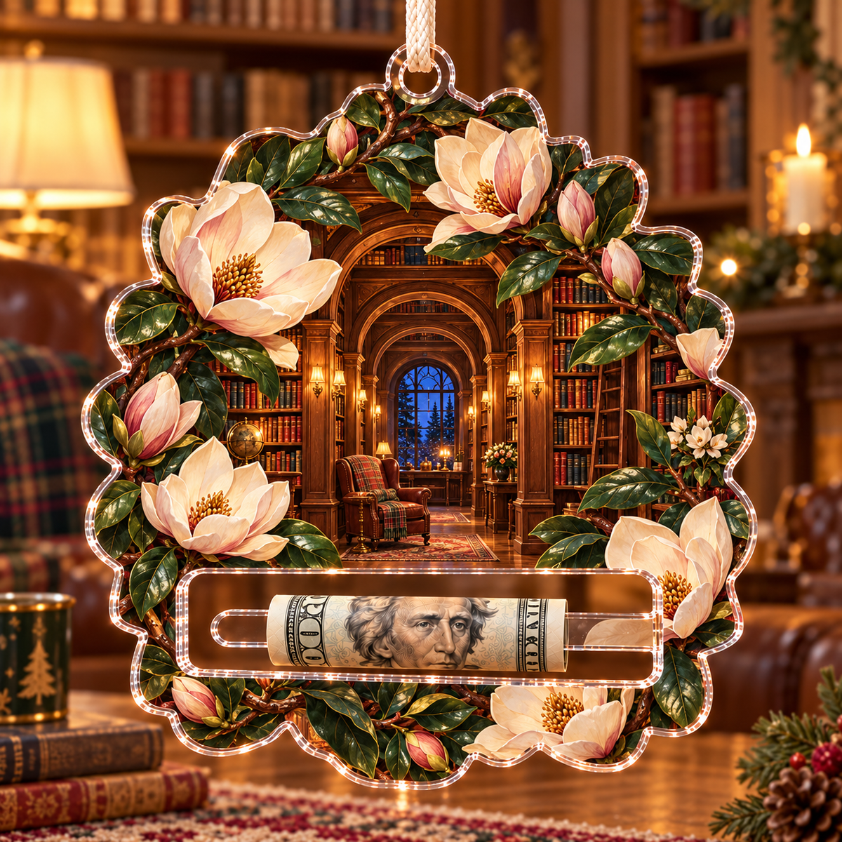 Magnolia Reading Alcove Acrylic Cash Holder Ornament with printed optical 3D artwork in its use setting