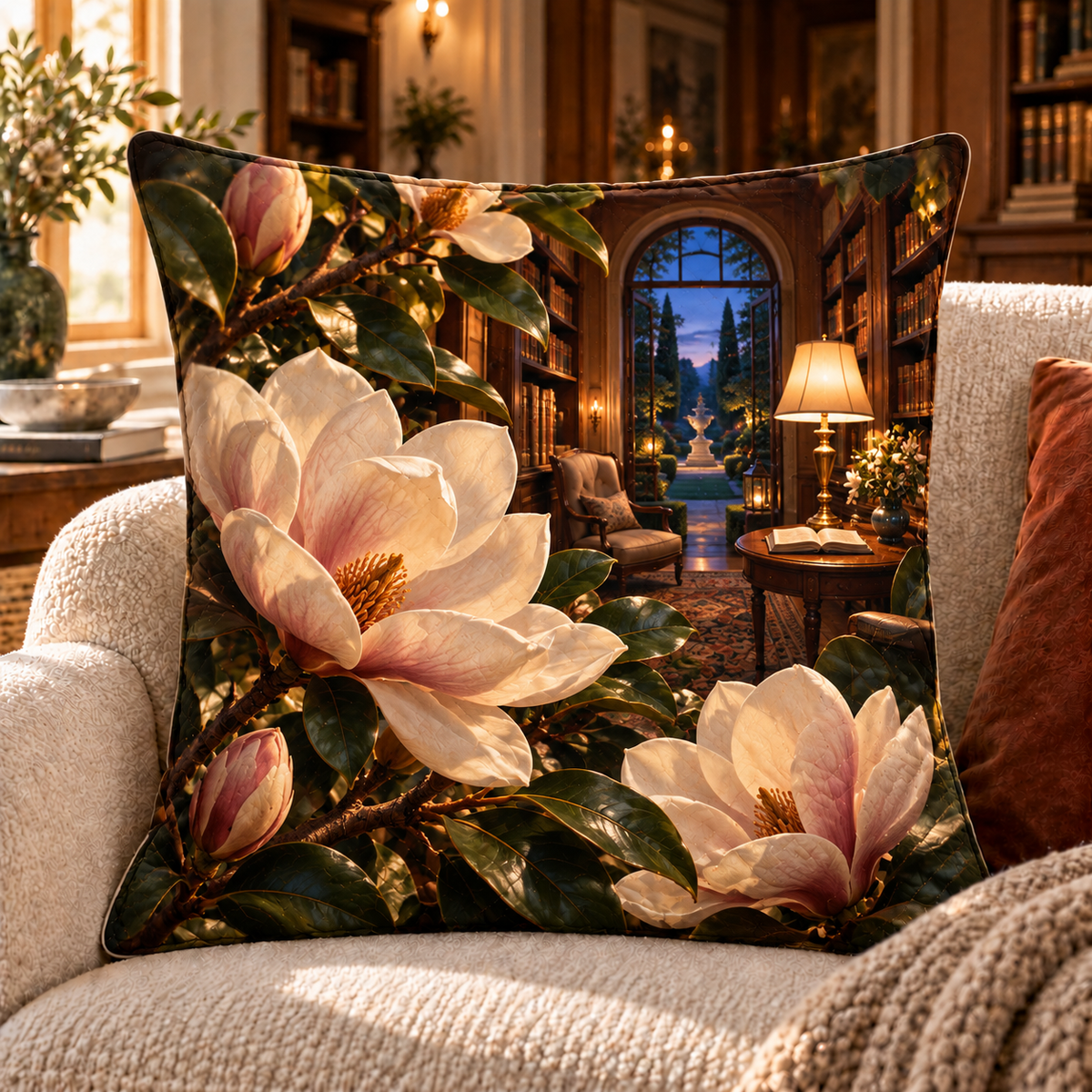 Magnolia Reading Alcove Quilted Cushion Cover with printed optical 3D artwork in its use setting