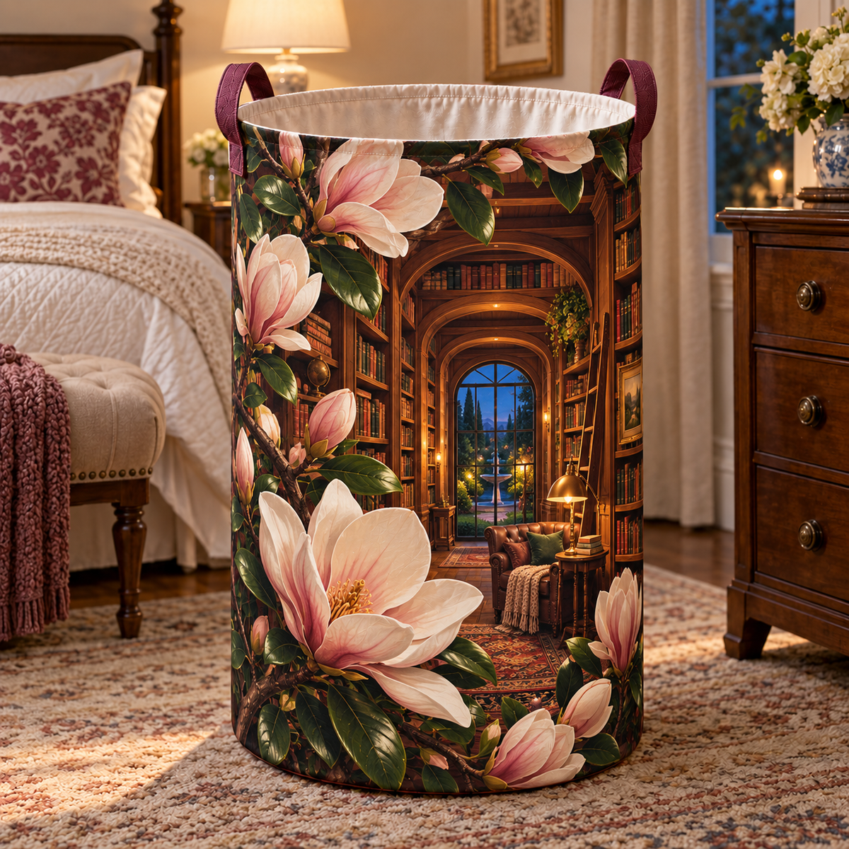 Magnolia Reading Alcove Laundry Hamper with printed optical 3D artwork in its use setting