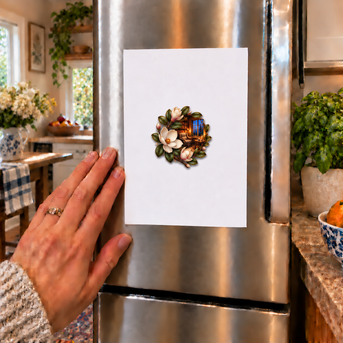 Magnolia Reading Alcove Acrylic Refrigerator Magnet with printed optical 3D artwork in its use setting