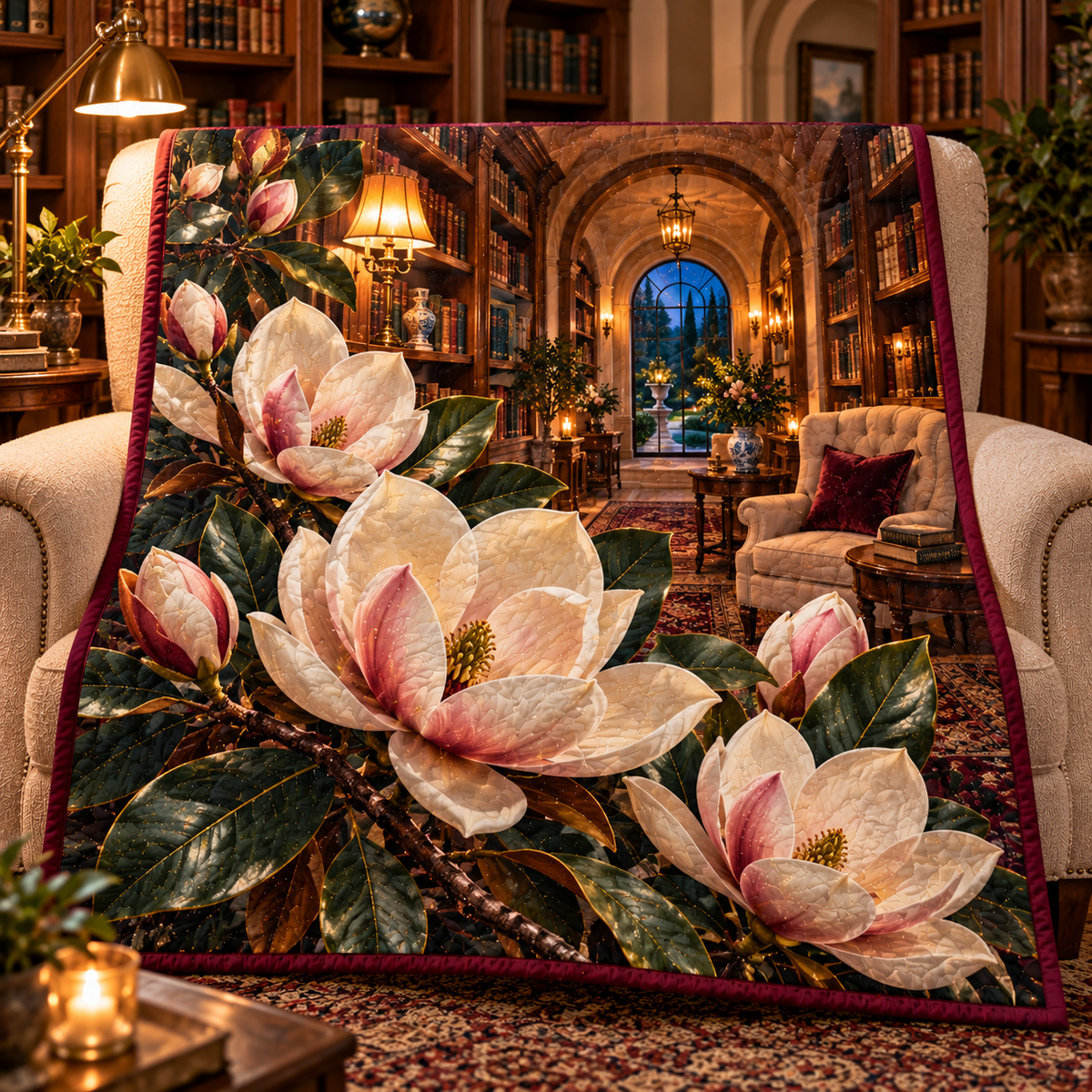 Magnolia Reading Alcove Quilt Blanket with printed optical 3D artwork in its use setting