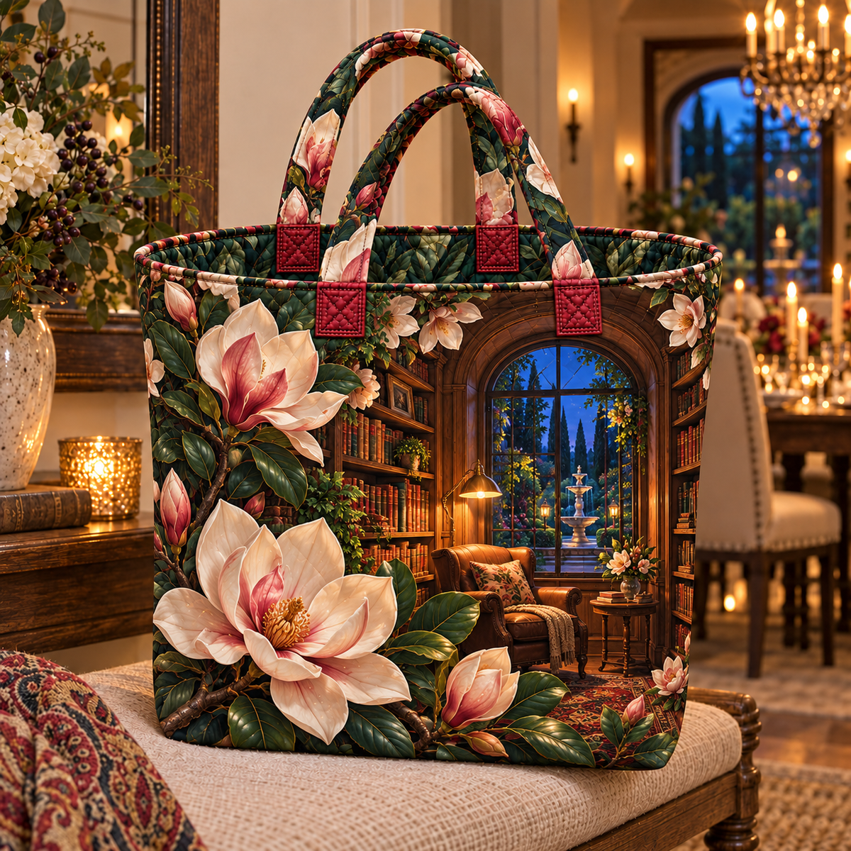 Magnolia Reading Alcove Quilted Tote Bag with printed optical 3D artwork in its use setting