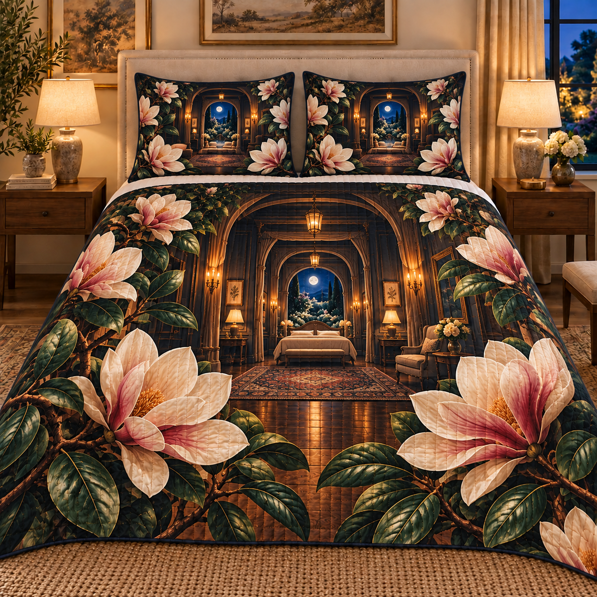 Magnolia Moonlit Bedroom Quilted Bedding Set with printed optical 3D artwork in its use setting