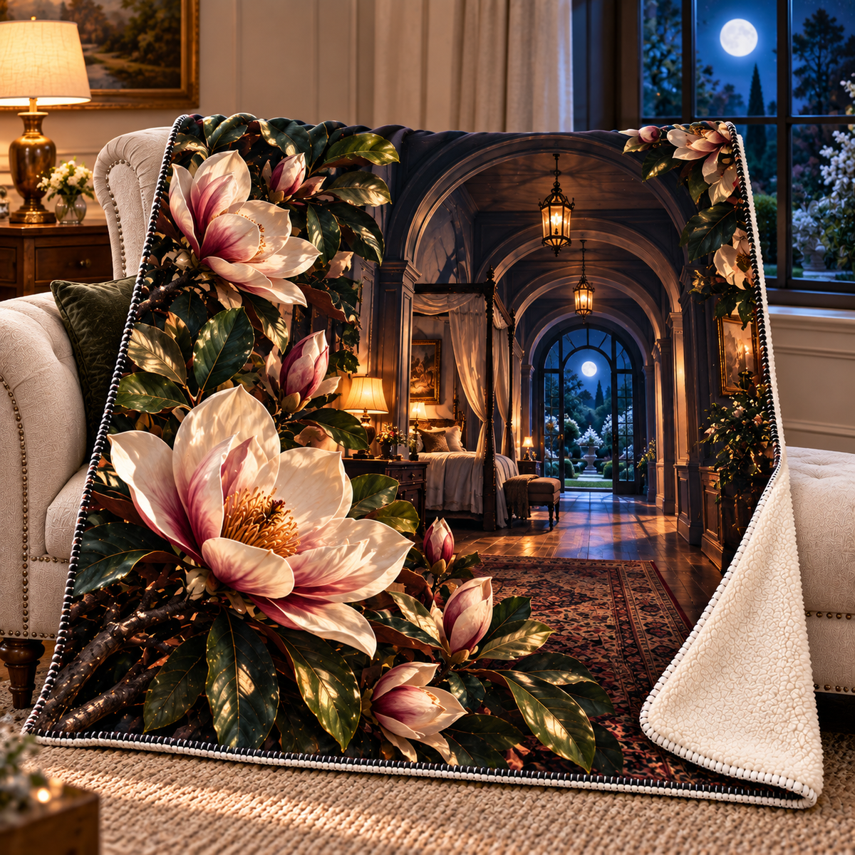 Magnolia Moonlit Bedroom Sherpa & Fleece Blanket with printed optical 3D artwork in its use setting
