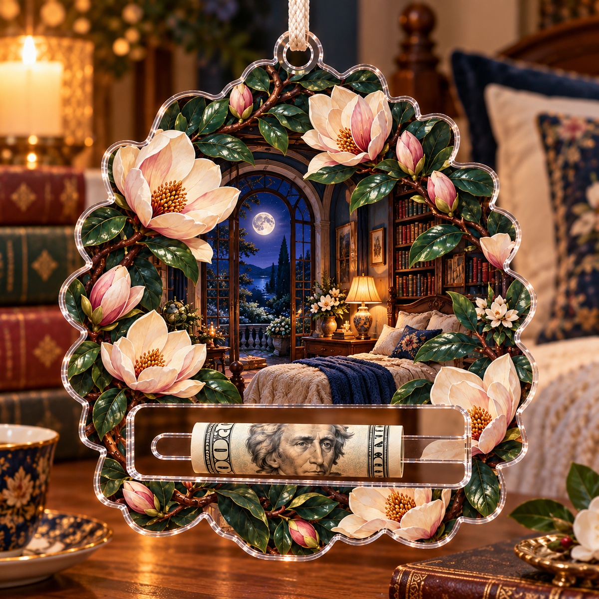 Magnolia Moonlit Bedroom Acrylic Cash Holder Ornament with printed optical 3D artwork in its use setting