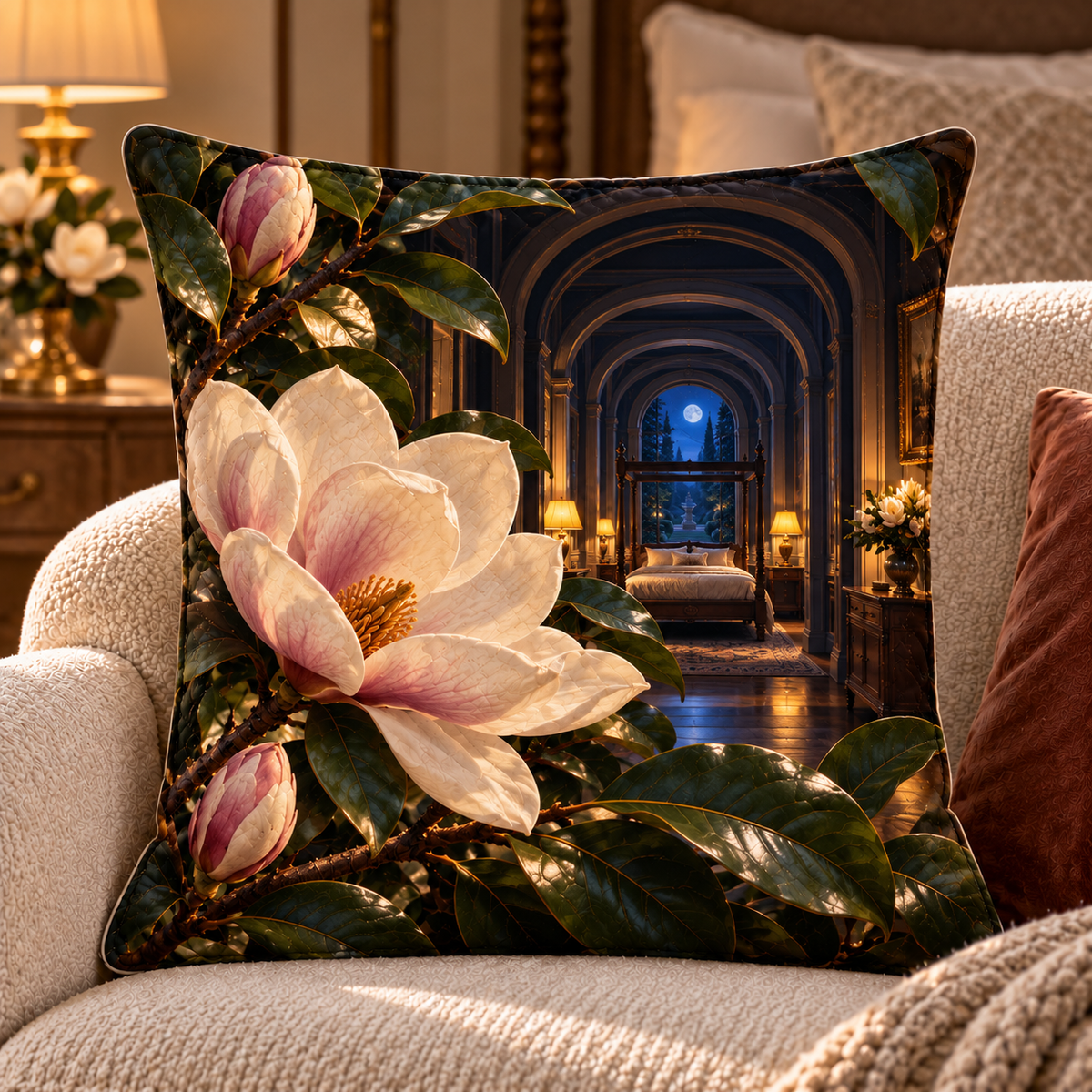 Magnolia Moonlit Bedroom Quilted Cushion Cover with printed optical 3D artwork in its use setting