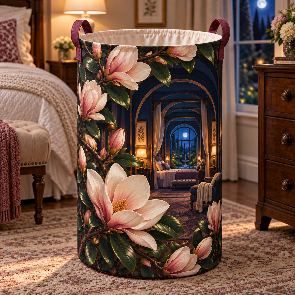 Magnolia Moonlit Bedroom Laundry Hamper with printed optical 3D artwork in its use setting