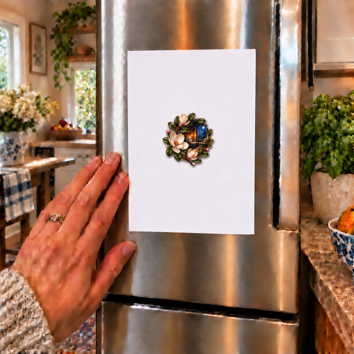 Magnolia Moonlit Bedroom Acrylic Refrigerator Magnet with printed optical 3D artwork in its use setting