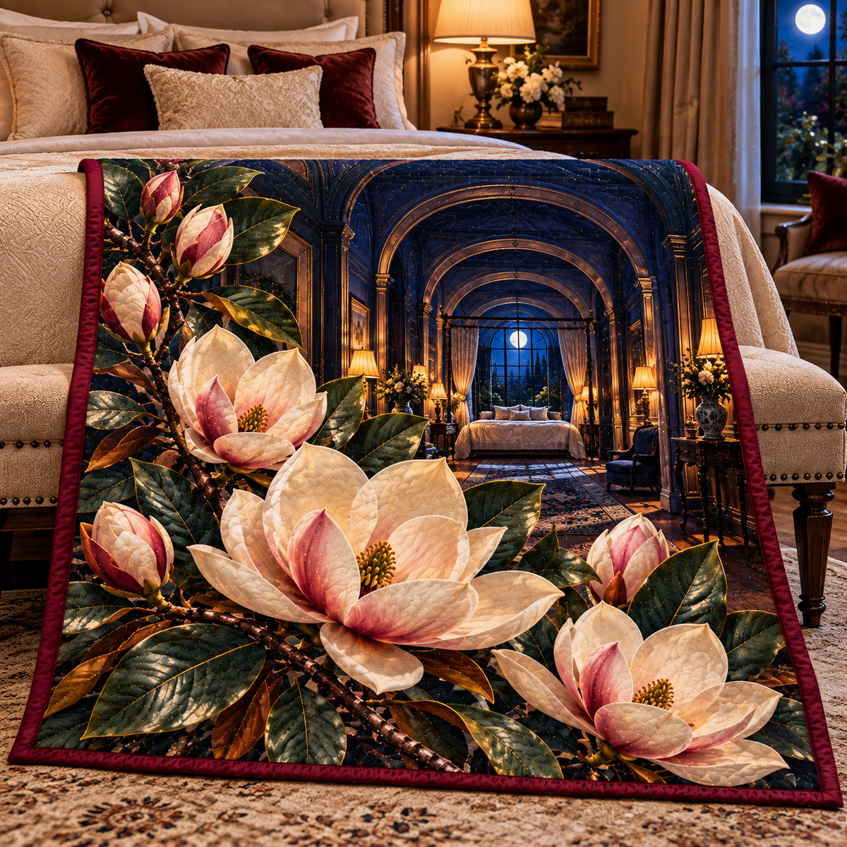 Magnolia Moonlit Bedroom Quilt Blanket with printed optical 3D artwork in its use setting