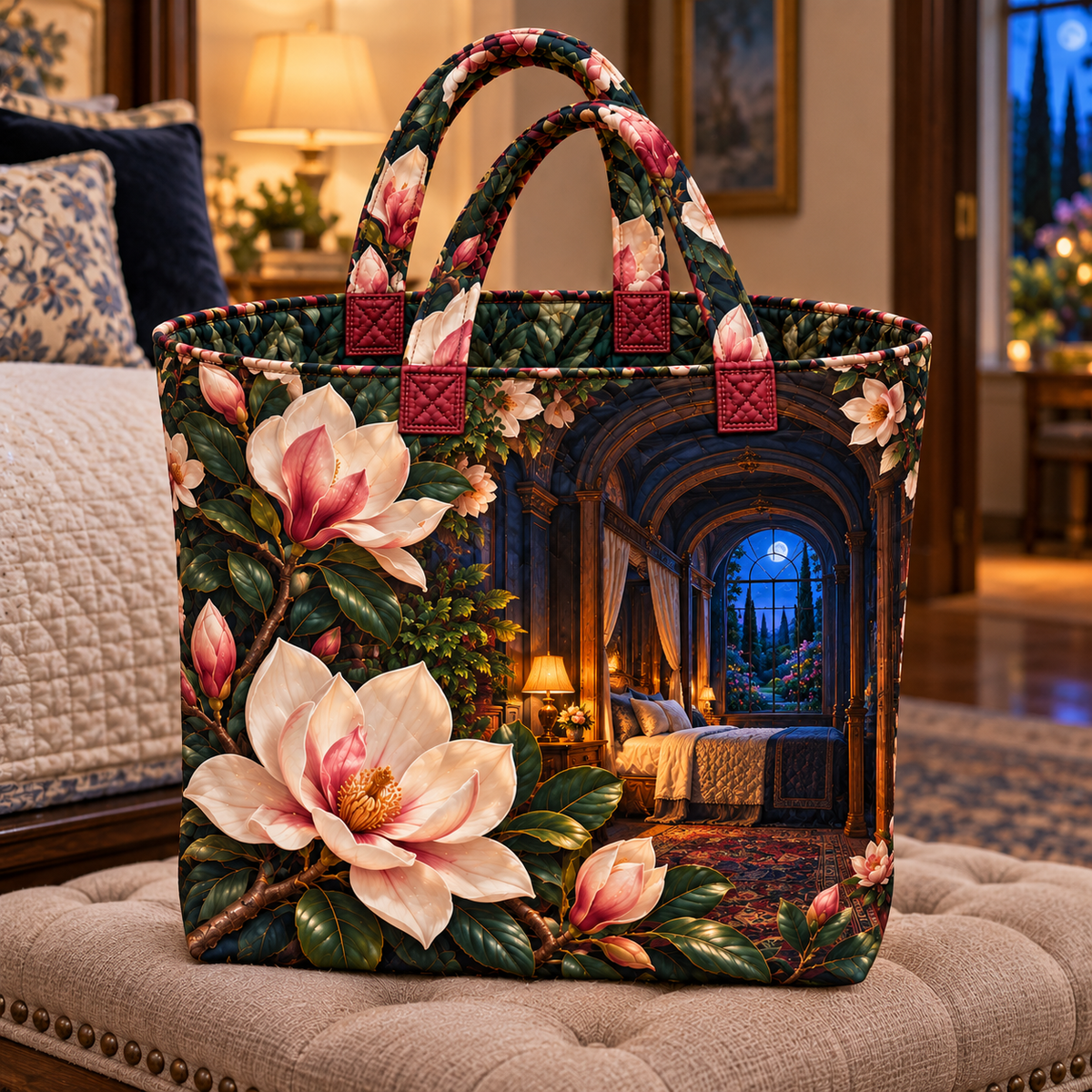 Magnolia Moonlit Bedroom Quilted Tote Bag with printed optical 3D artwork in its use setting