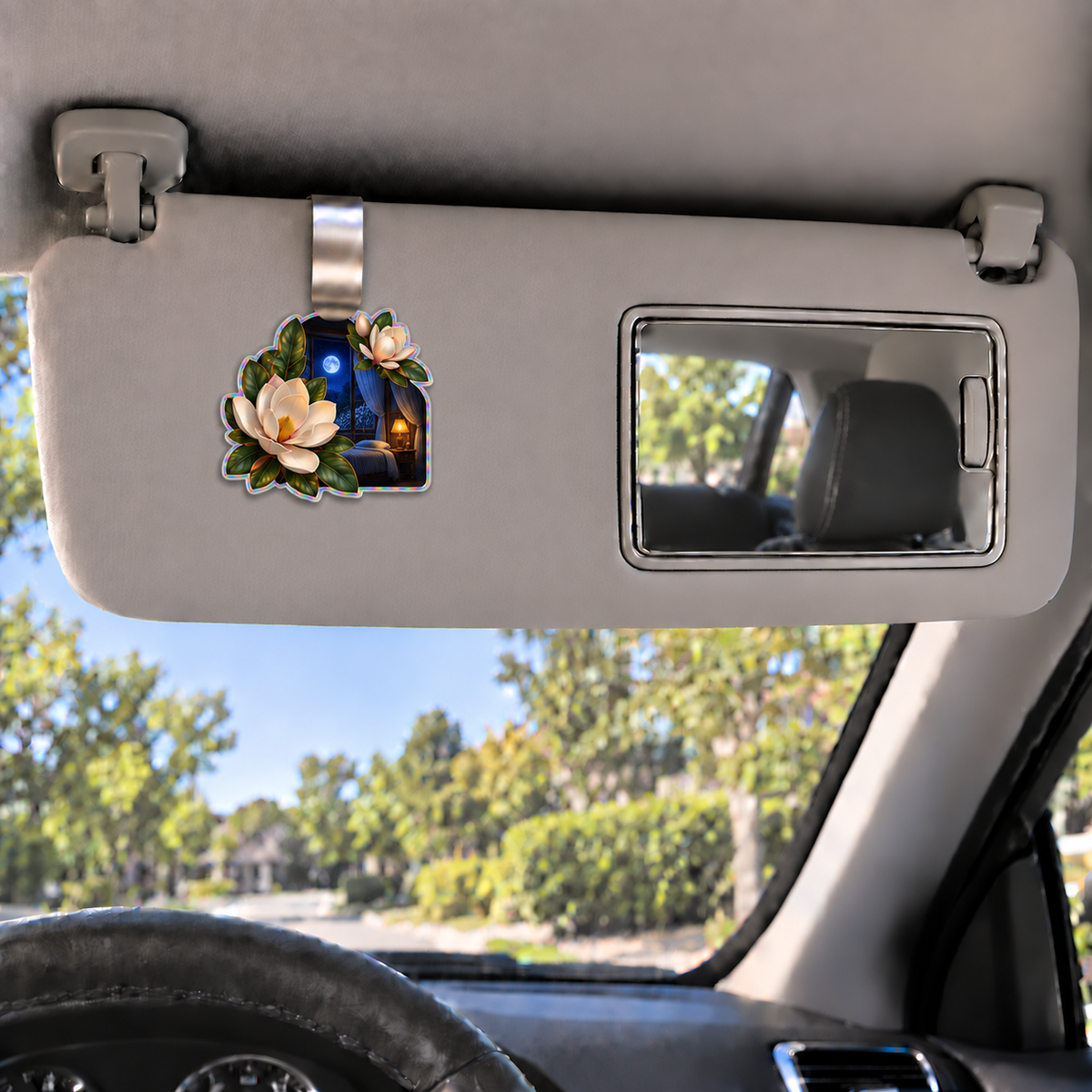 Magnolia Moonlit Bedroom Holographic Car Visor Clip with printed optical 3D artwork in its use setting
