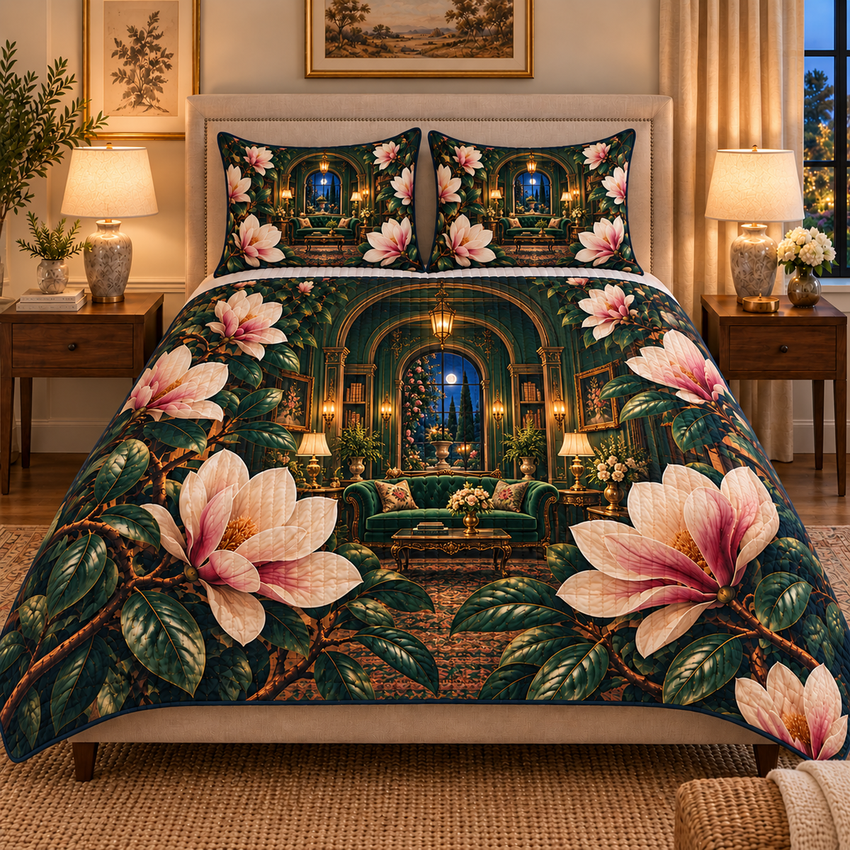 Magnolia Grand Salon Quilted Bedding Set with printed optical 3D artwork in its use setting