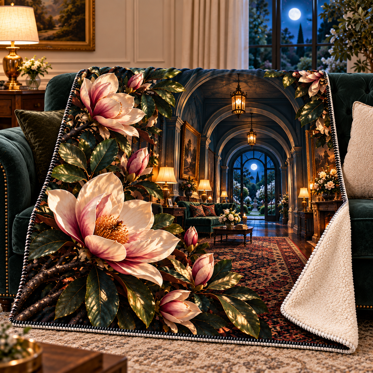 Magnolia Grand Salon Sherpa & Fleece Blanket with printed optical 3D artwork in its use setting