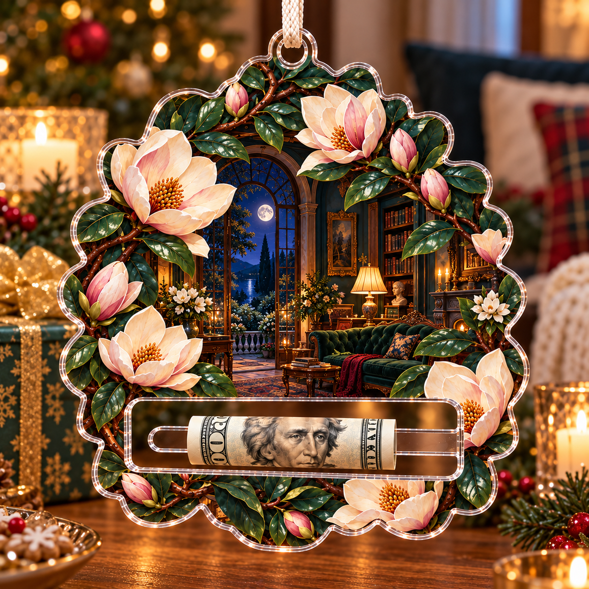 Magnolia Grand Salon Acrylic Cash Holder Ornament with printed optical 3D artwork in its use setting