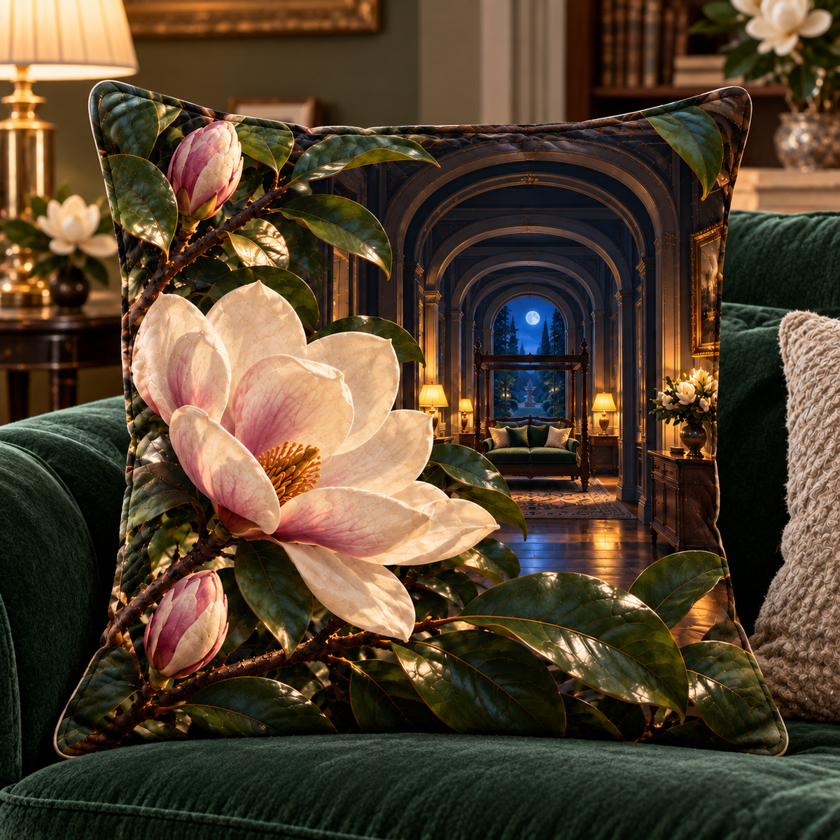 Magnolia Grand Salon Quilted Cushion Cover with printed optical 3D artwork in its use setting