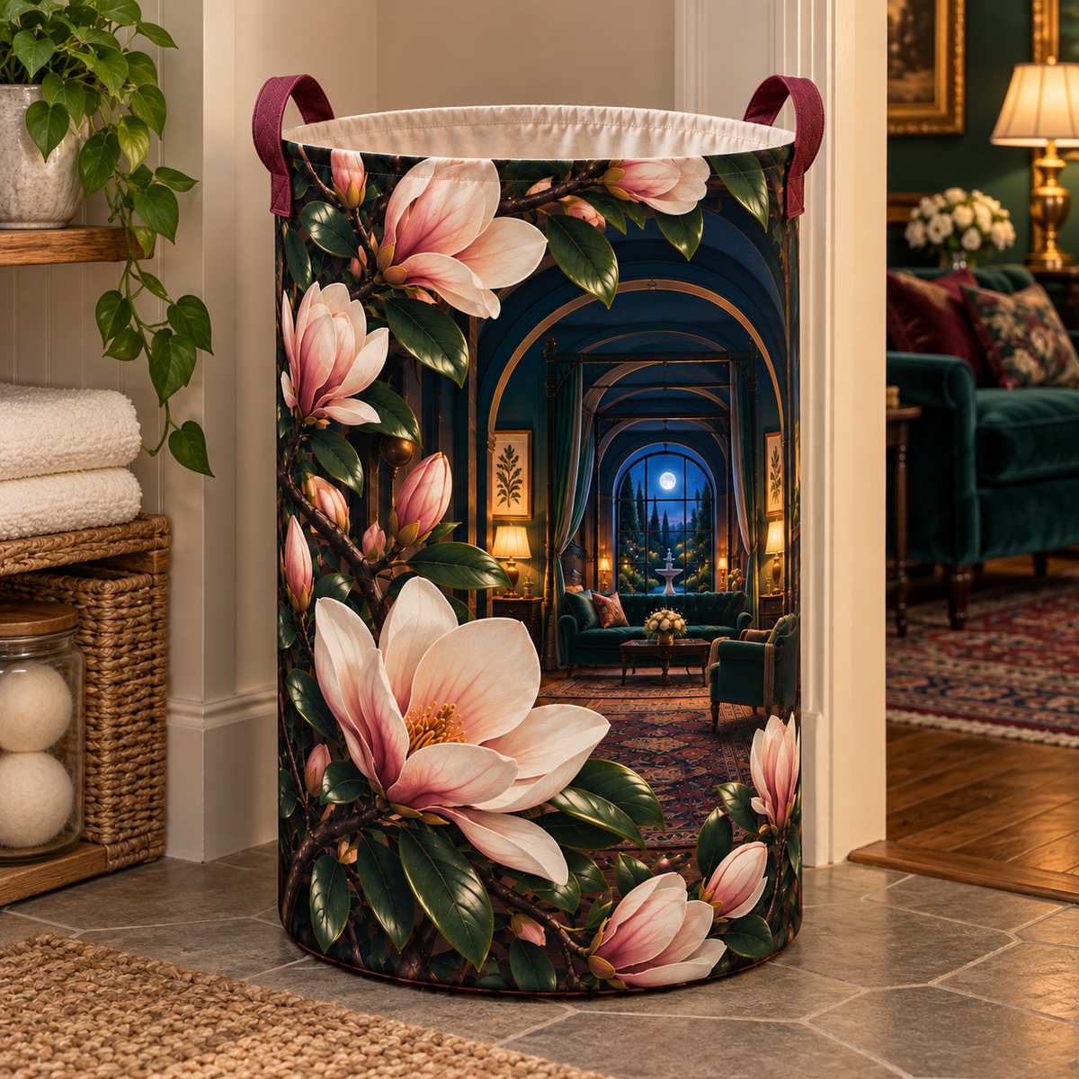 Magnolia Grand Salon Laundry Hamper with printed optical 3D artwork in its use setting