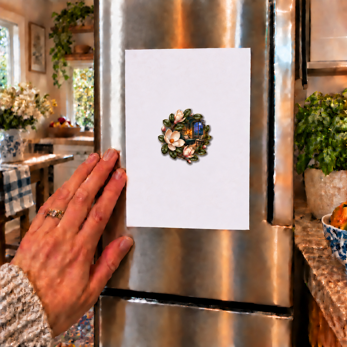 Magnolia Grand Salon Acrylic Refrigerator Magnet with printed optical 3D artwork in its use setting