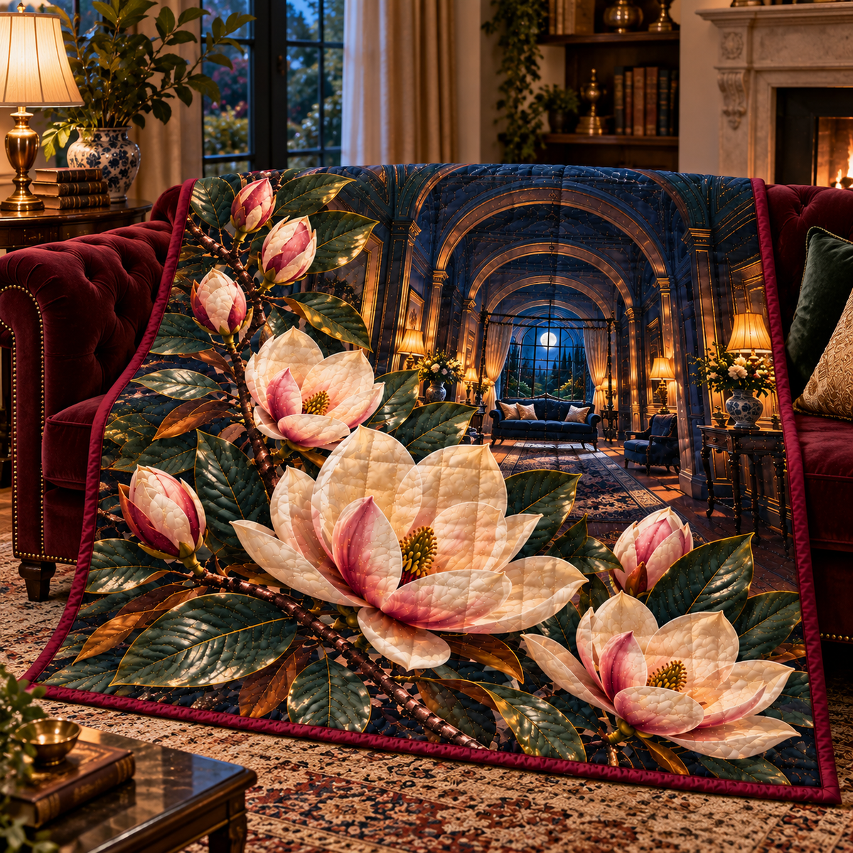 Magnolia Grand Salon Quilt Blanket with printed optical 3D artwork in its use setting