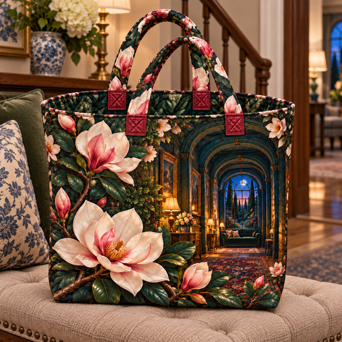 Magnolia Grand Salon Quilted Tote Bag with printed optical 3D artwork in its use setting