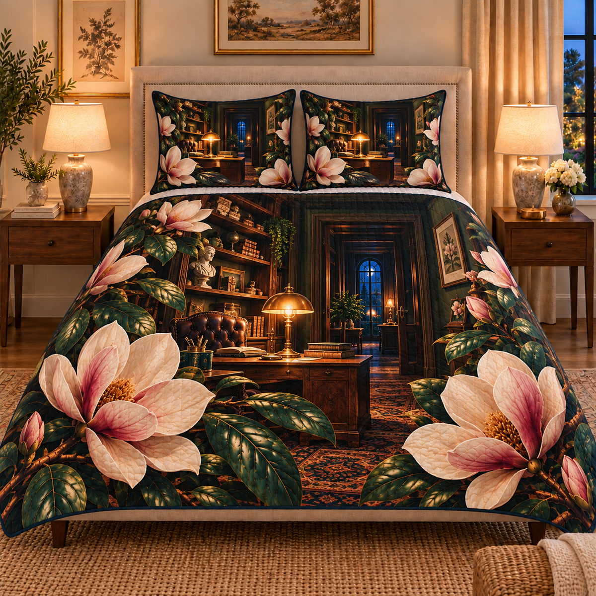 Magnolia Midnight Study Quilted Bedding Set with printed optical 3D artwork in its use setting