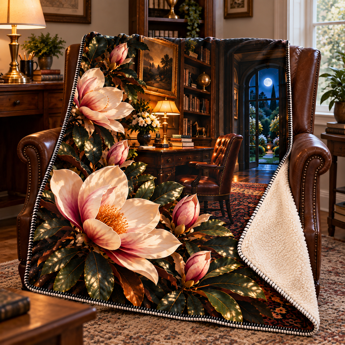 Magnolia Midnight Study Sherpa & Fleece Blanket with printed optical 3D artwork in its use setting