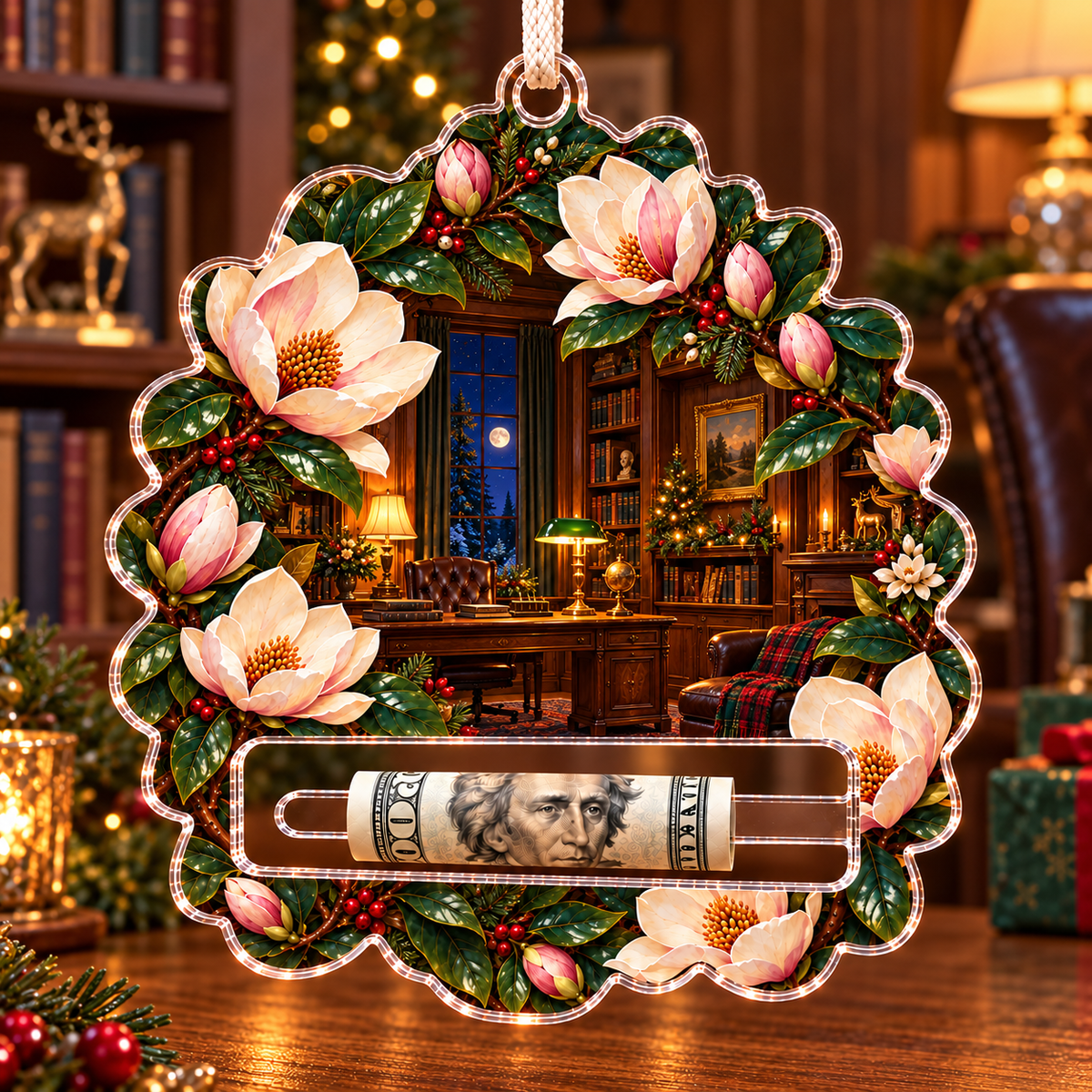 Magnolia Midnight Study Acrylic Cash Holder Ornament with printed optical 3D artwork in its use setting