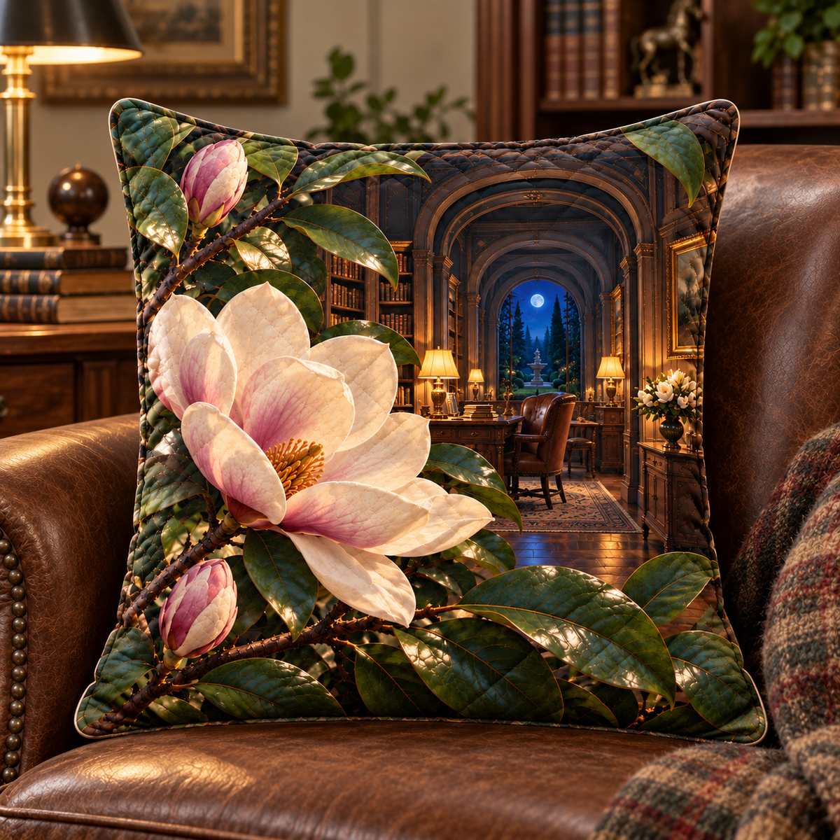 Magnolia Midnight Study Quilted Cushion Cover with printed optical 3D artwork in its use setting