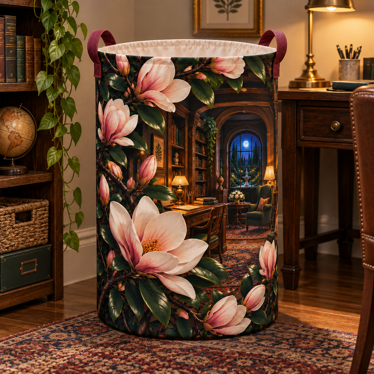 Magnolia Midnight Study Laundry Hamper with printed optical 3D artwork in its use setting
