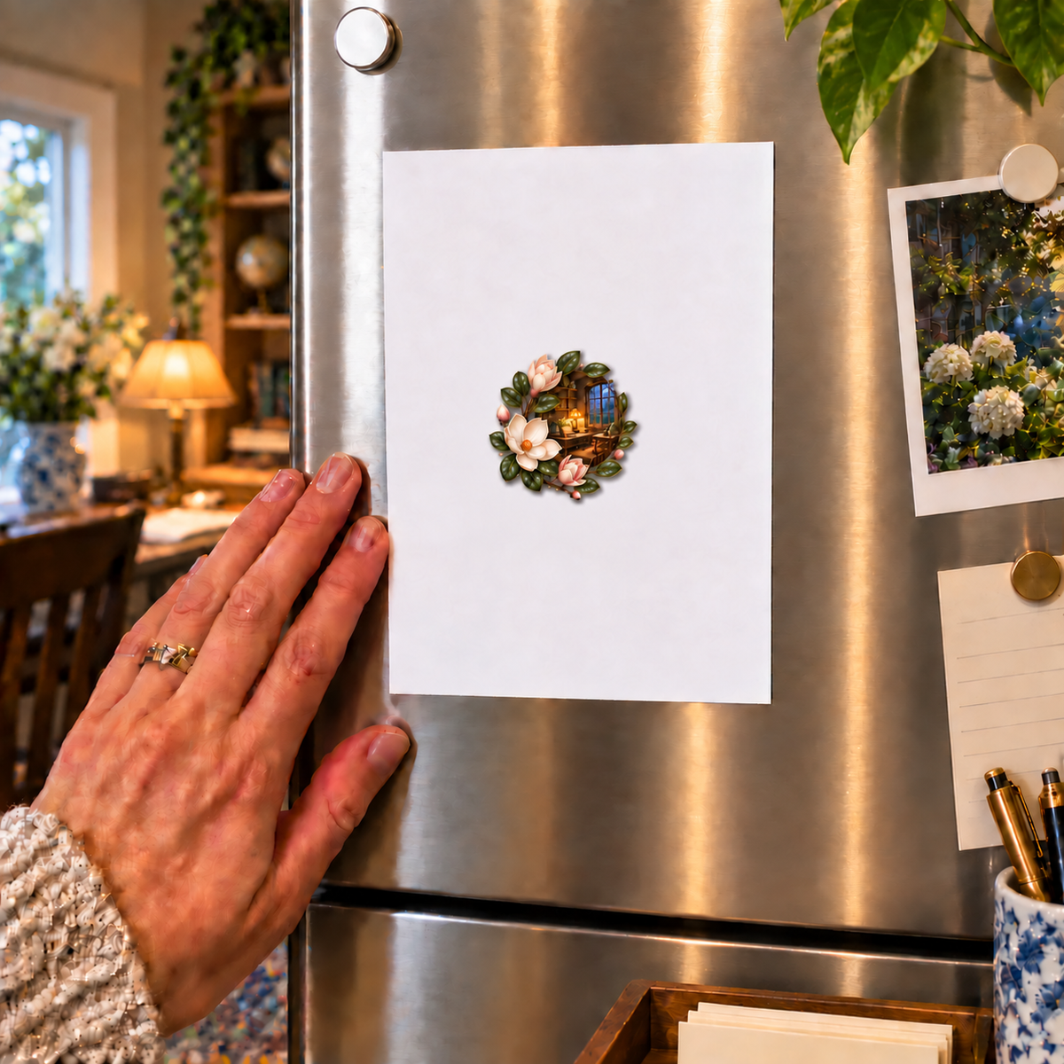 Magnolia Midnight Study Acrylic Refrigerator Magnet with printed optical 3D artwork in its use setting