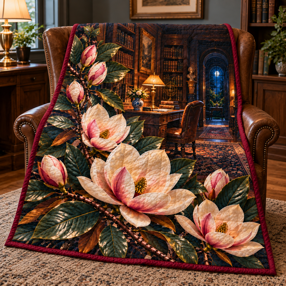 Magnolia Midnight Study Quilt Blanket with printed optical 3D artwork in its use setting