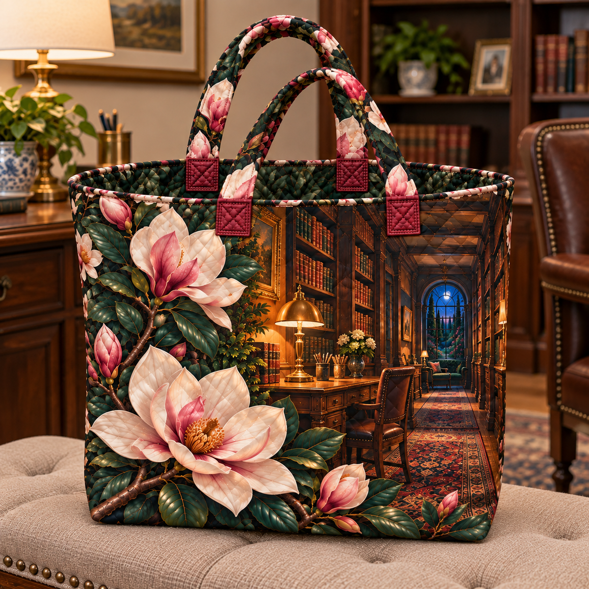 Magnolia Midnight Study Quilted Tote Bag with printed optical 3D artwork in its use setting
