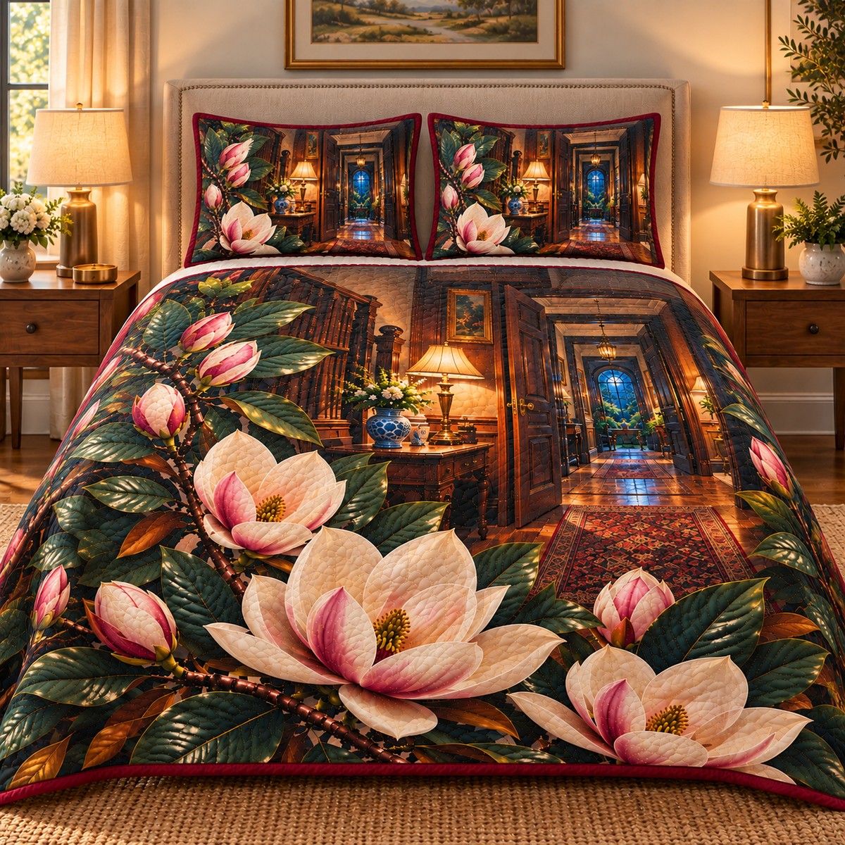 Magnolia New Home Glow Quilted Bedding Set with printed optical 3D artwork in its use setting