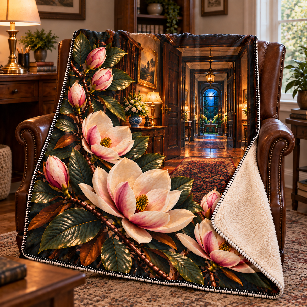 Magnolia New Home Glow Sherpa & Fleece Blanket with printed optical 3D artwork in its use setting