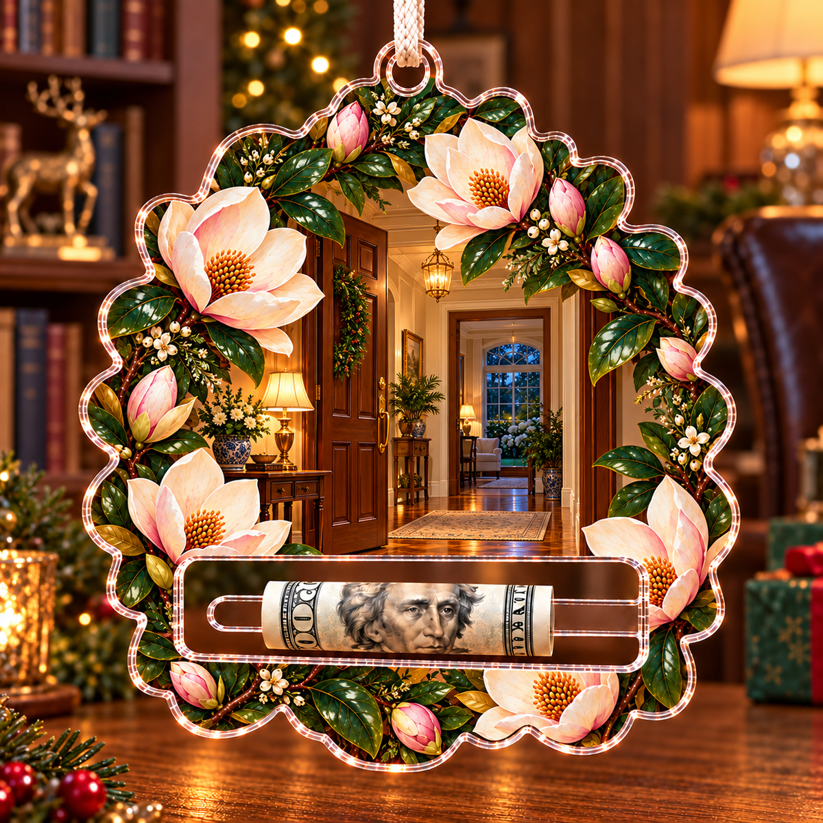 Magnolia New Home Glow Acrylic Cash Holder Ornament with printed optical 3D artwork in its use setting