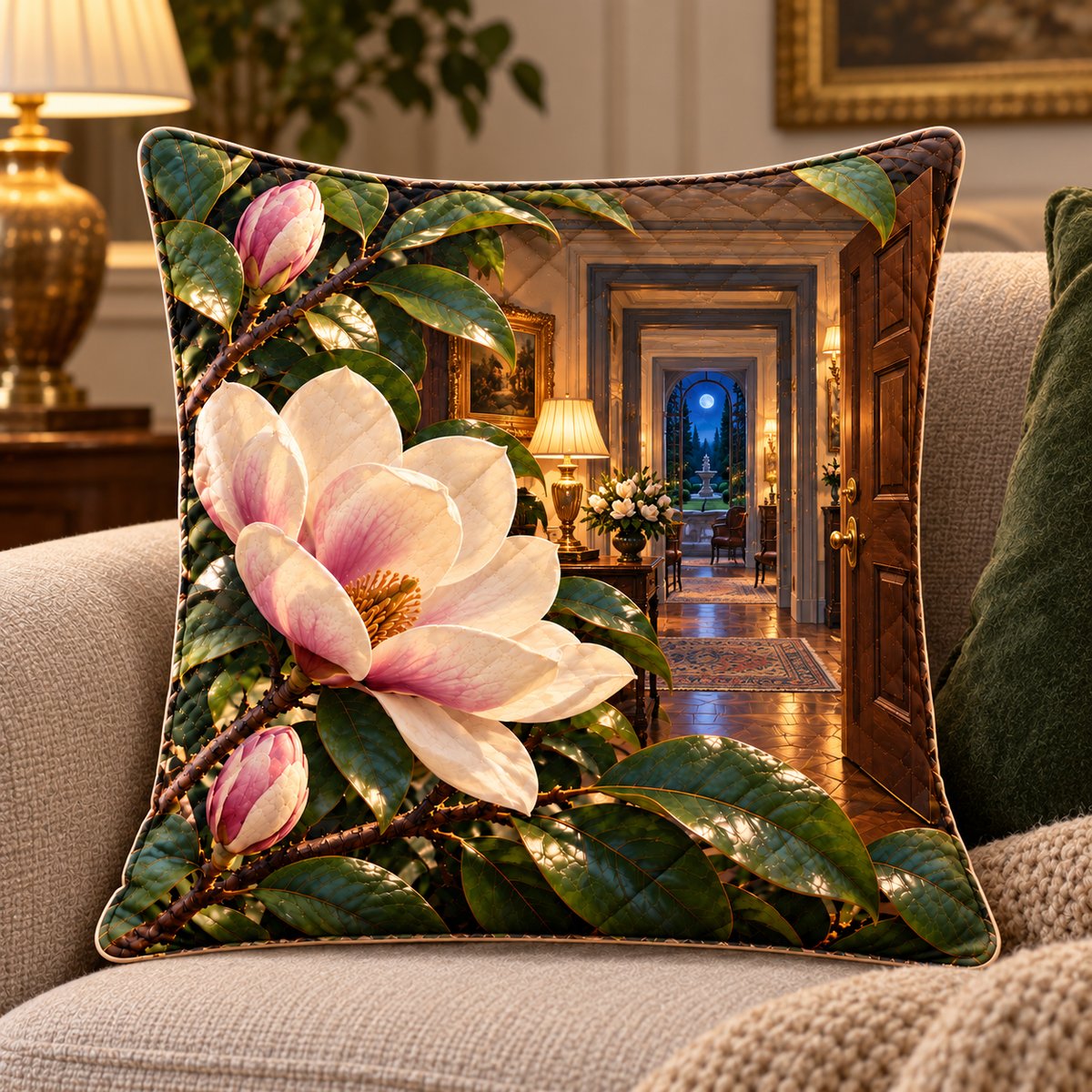 Magnolia New Home Glow Quilted Cushion Cover with printed optical 3D artwork in its use setting