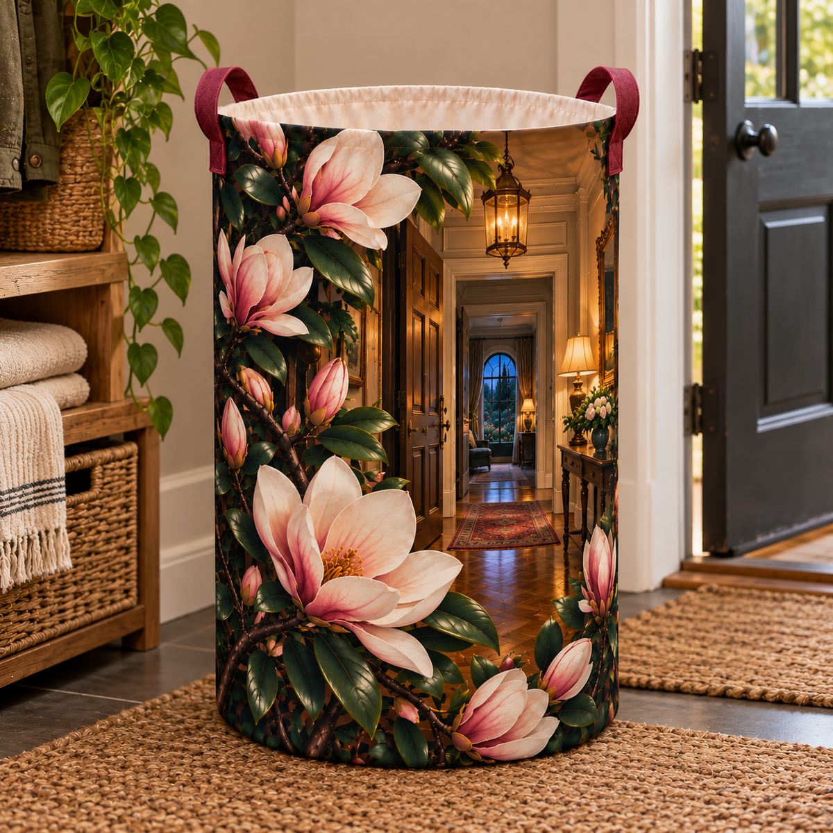 Magnolia New Home Glow Laundry Hamper with printed optical 3D artwork in its use setting