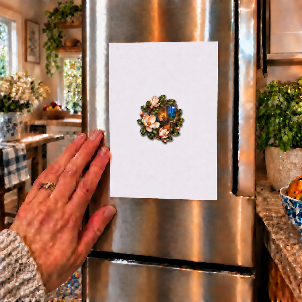 Magnolia New Home Glow Acrylic Refrigerator Magnet with printed optical 3D artwork in its use setting