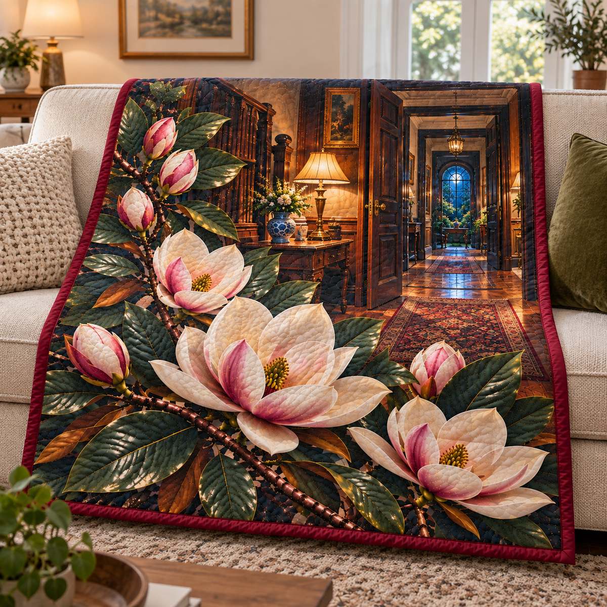 Magnolia New Home Glow Quilt Blanket with printed optical 3D artwork in its use setting