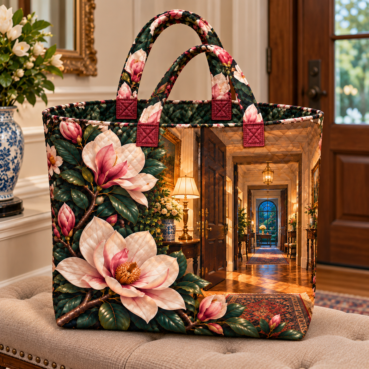 Magnolia New Home Glow Quilted Tote Bag with printed optical 3D artwork in its use setting