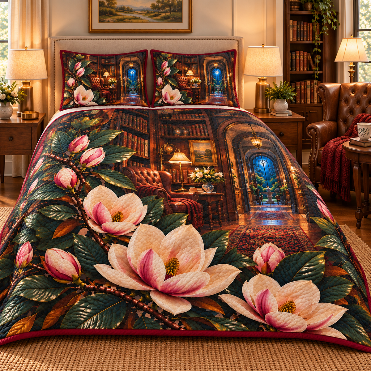Magnolia Quiet Corner Quilted Bedding Set with printed optical 3D artwork in its use setting