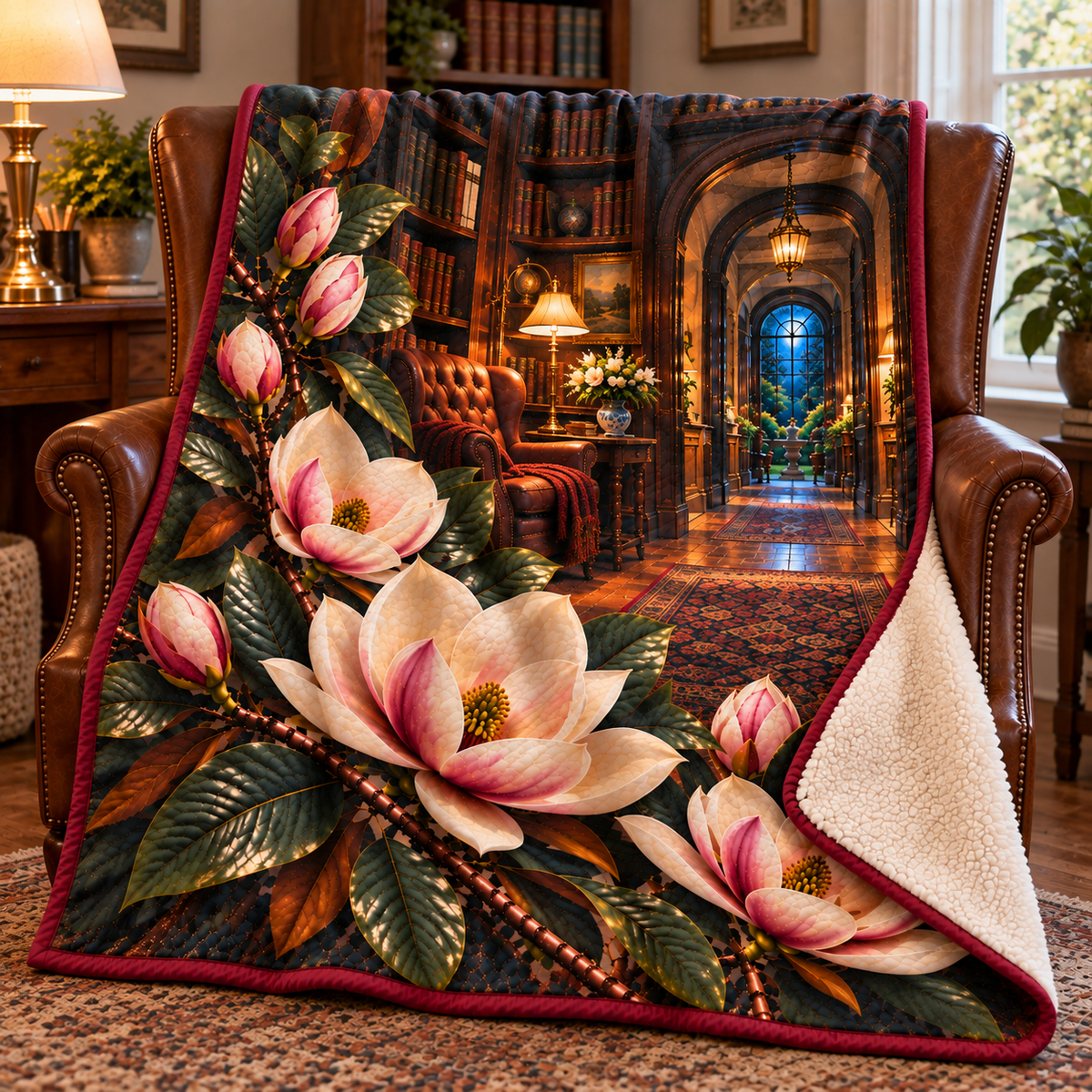 Magnolia Quiet Corner Sherpa & Fleece Blanket with printed optical 3D artwork in its use setting