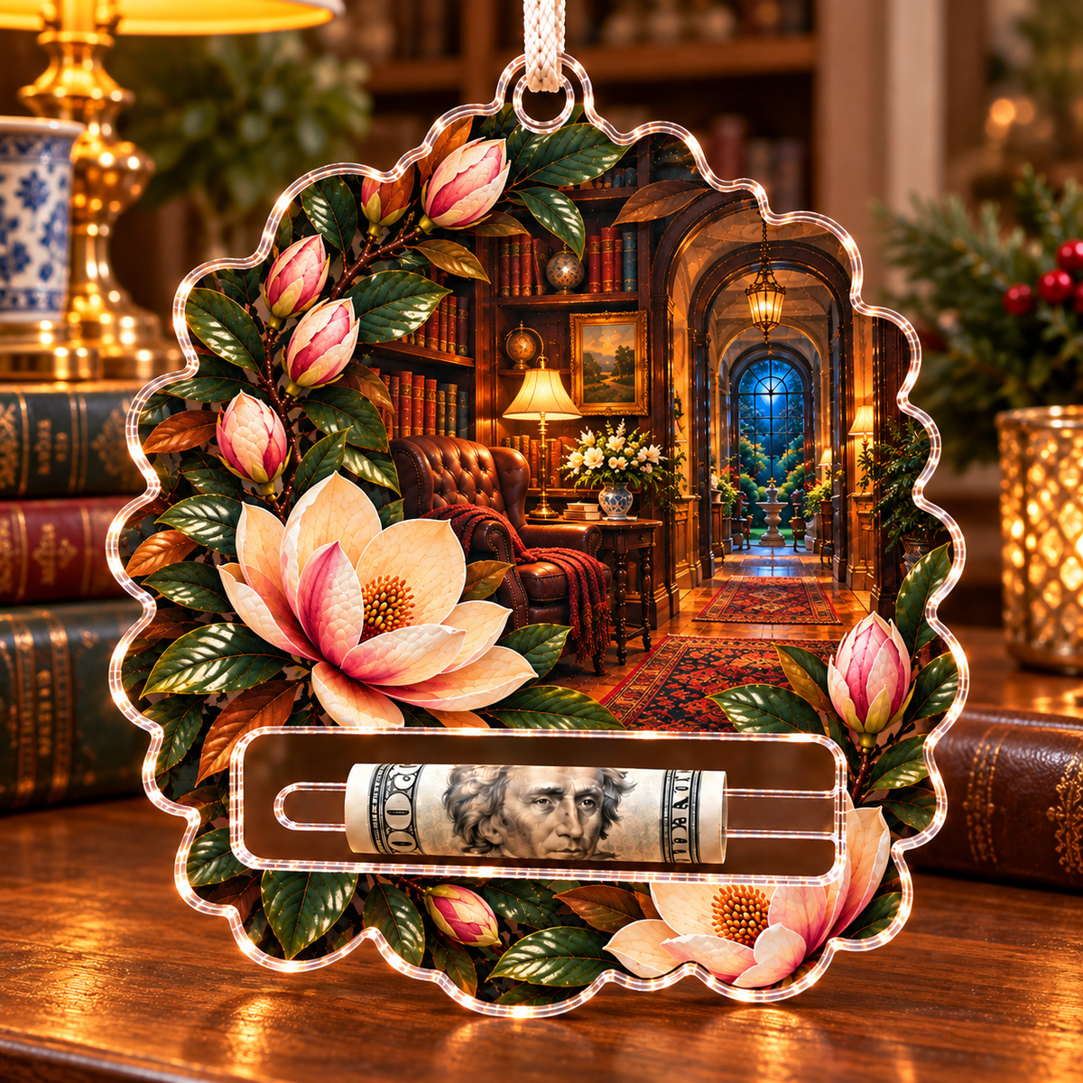 Magnolia Quiet Corner Acrylic Cash Holder Ornament with printed optical 3D artwork in its use setting