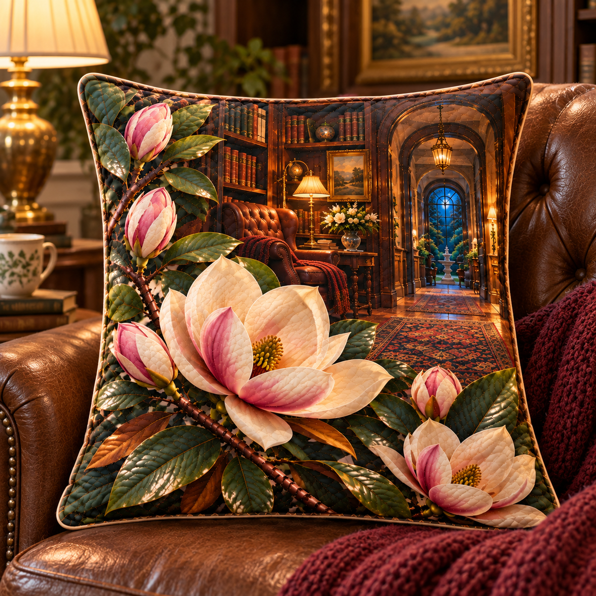 Magnolia Quiet Corner Quilted Cushion Cover with printed optical 3D artwork in its use setting