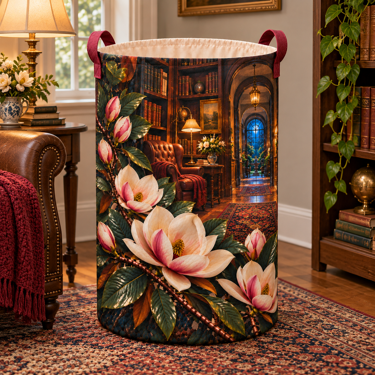 Magnolia Quiet Corner Laundry Hamper with printed optical 3D artwork in its use setting