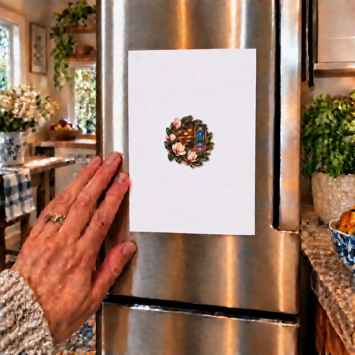 Magnolia Quiet Corner Acrylic Refrigerator Magnet with printed optical 3D artwork in its use setting