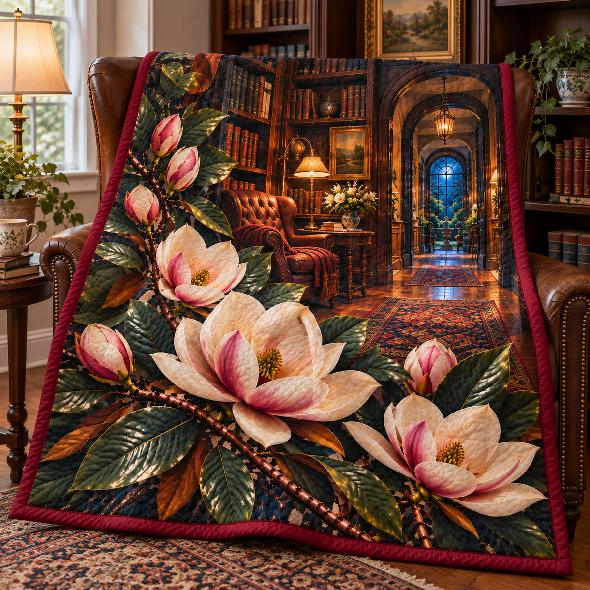 Magnolia Quiet Corner Quilt Blanket with printed optical 3D artwork in its use setting